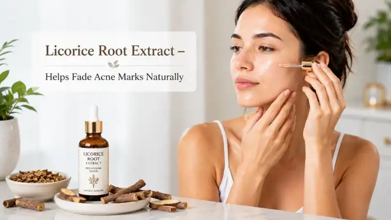 Woman applying licorice root extract serum to help improve uneven skin tone and gradually fade acne marks naturally.