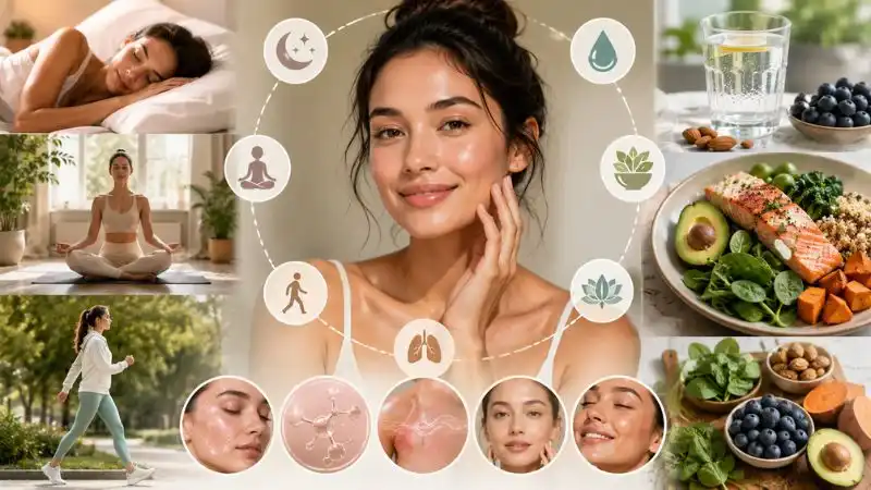 Healthy lifestyle habits including sleep hydration nutrition and stress management that support naturally glowing skin