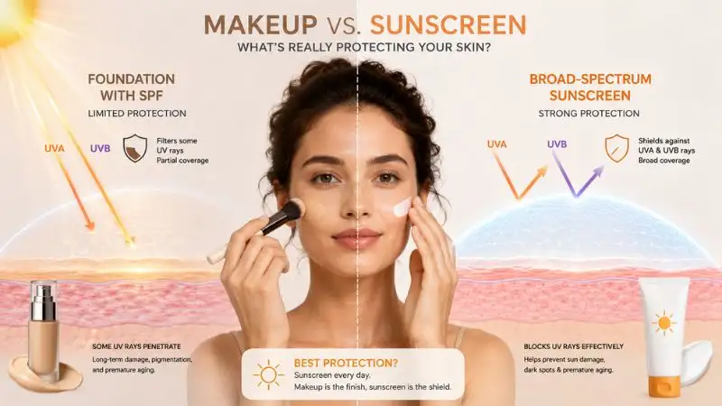 Comparison of makeup with SPF and broad-spectrum sunscreen showing why sunscreen provides better daily UV protection.