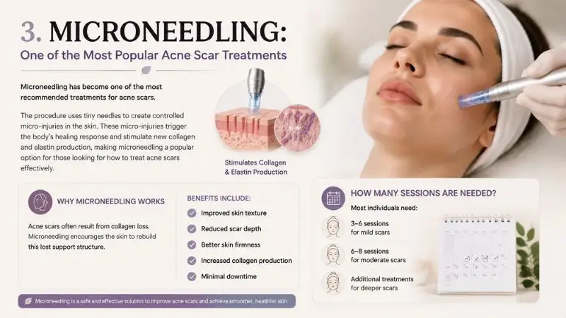 Microneedling for acne scars treatment showing controlled micro-injuries that stimulate collagen production, improve skin texture, and reduce scar depth
