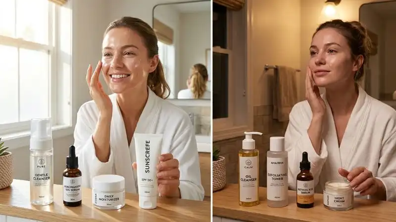 Morning vs Night skincare routine showing cleanser niacinamide sunscreen retinoid salicylic acid and moisturizer products for healthy skin