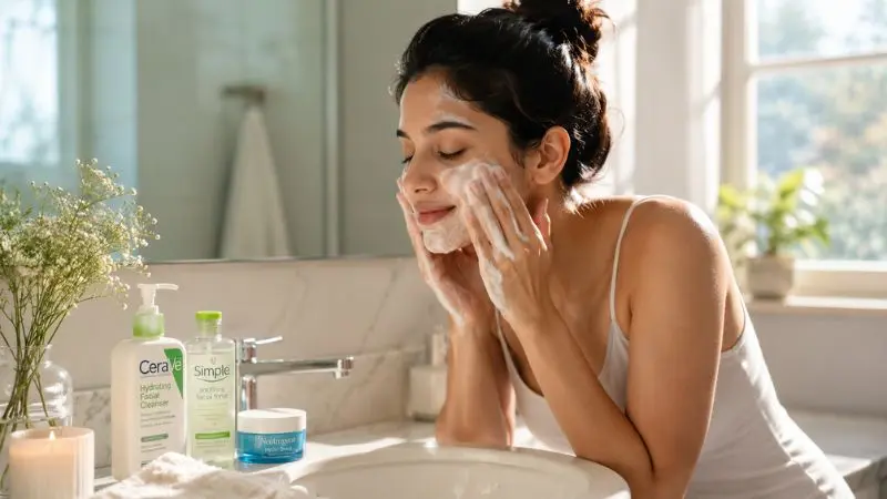 Morning skincare routine showing gentle cleanser being applied to face to remove oil and impurities for fresh, glowing skin.