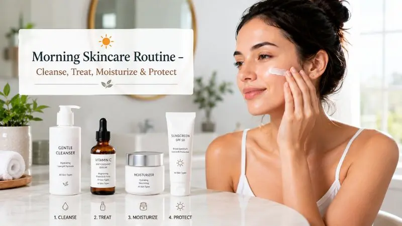 Woman following a morning skincare routine with cleanser, vitamin C serum, moisturizer, and sunscreen for healthy clear skin.