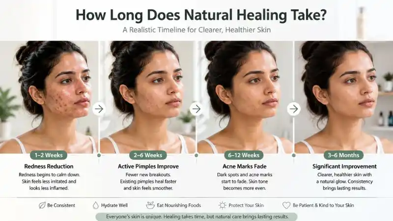 Skincare progress timeline showing gradual improvement of redness, pimples, and acne marks through consistent natural skincare habits.