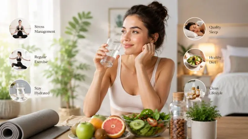 Woman following natural anti aging lifestyle habits including hydration, sleep, exercise, and healthy diet for youthful glowing skin