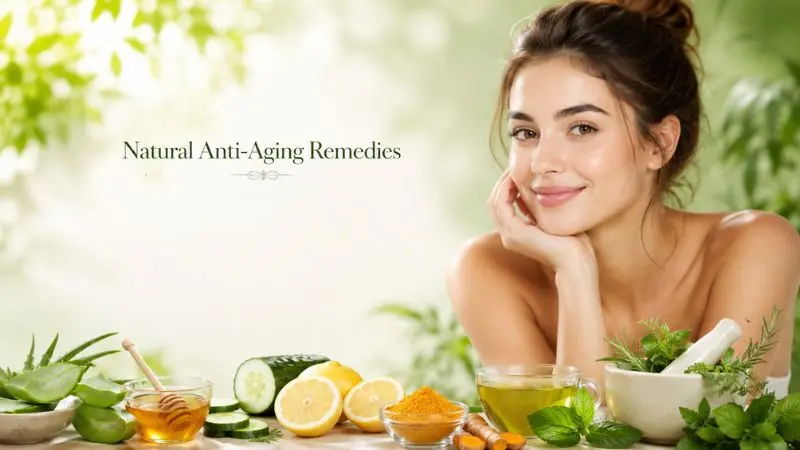 Natural Anti-Aging Remedies for Younger Looking Skin featuring a young woman with glowing skin and natural skincare ingredients including aloe vera, honey, cucumber, and lemon
