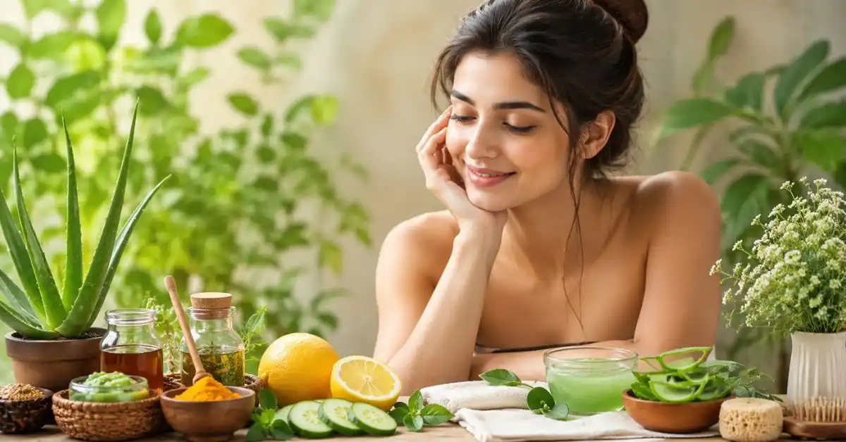 Natural Anti-Aging Remedies for Younger Looking Skin featuring a young woman with glowing skin surrounded by aloe vera, honey, lemon, cucumber, and other natural skincare ingredients