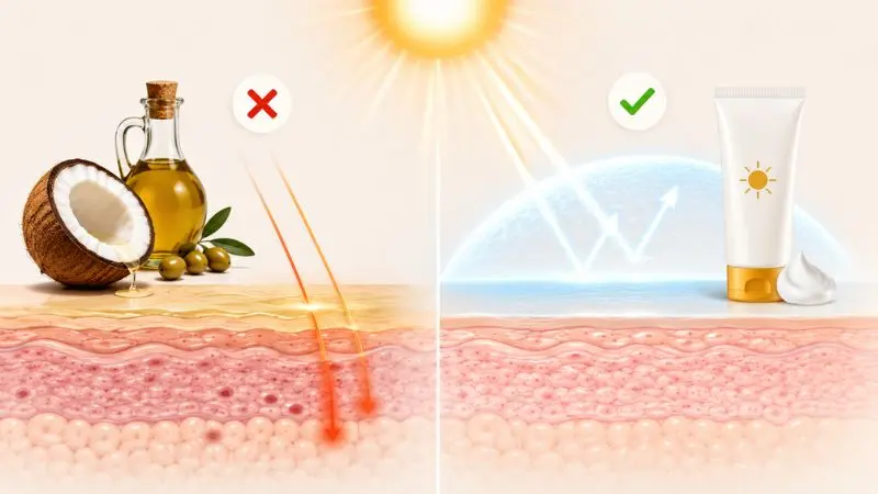 Comparison of natural oils and broad-spectrum sunscreen showing that coconut oil and olive oil cannot replace sunscreen for UV protection.