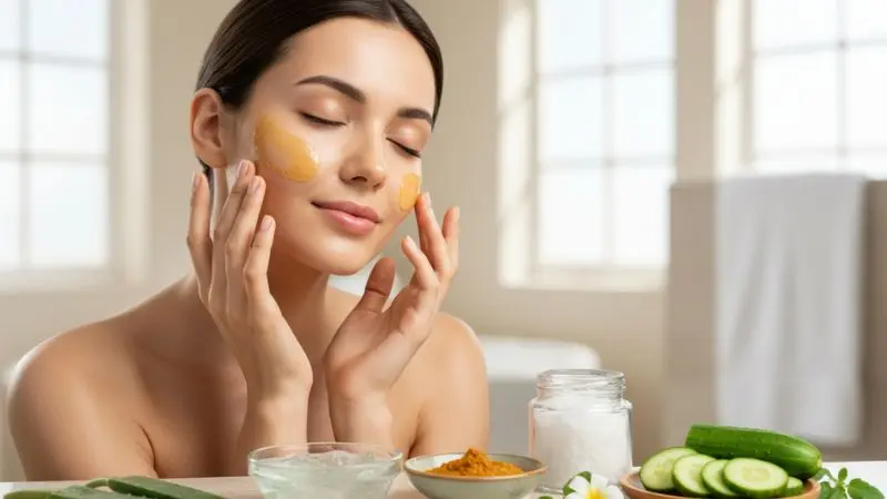 Natural anti aging home remedies including aloe vera, honey, turmeric, coconut oil, and cucumber for glowing youthful skin care