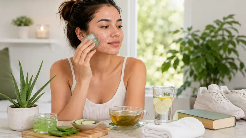 Young woman with acne-prone skin surrounded by natural skincare elements like aloe vera, green tea, ice, hydration, sleep, and stress management concepts supporting skin health.