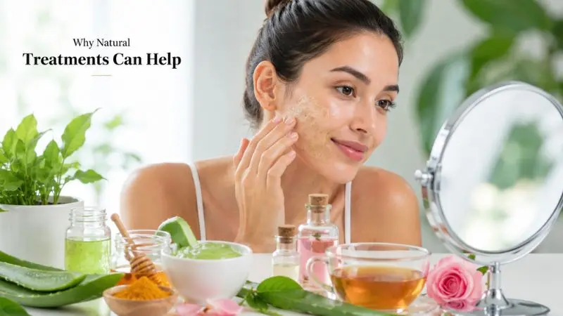 Woman using natural skincare ingredients like aloe vera and honey to support acne healing and healthy skin recovery.