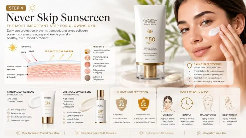 Daily sunscreen protection showing SPF benefits against UV damage hyperpigmentation premature aging and uneven skin tone for glowing skin