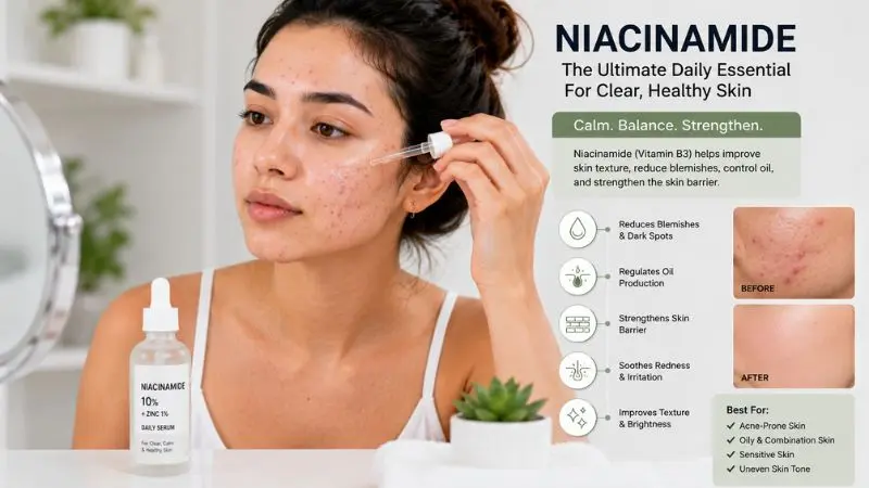 Young woman with acne-prone skin applying a niacinamide serum to help control excess oil, reduce redness, and improve overall skin appearance.