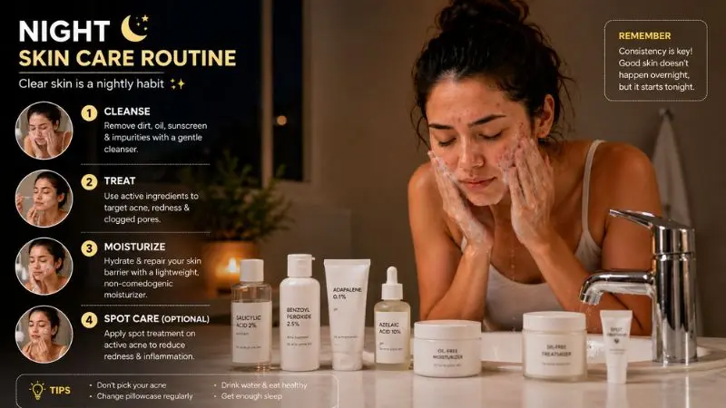Young woman with acne-prone skin cleansing her face and applying acne treatment products as part of a nighttime skincare routine.