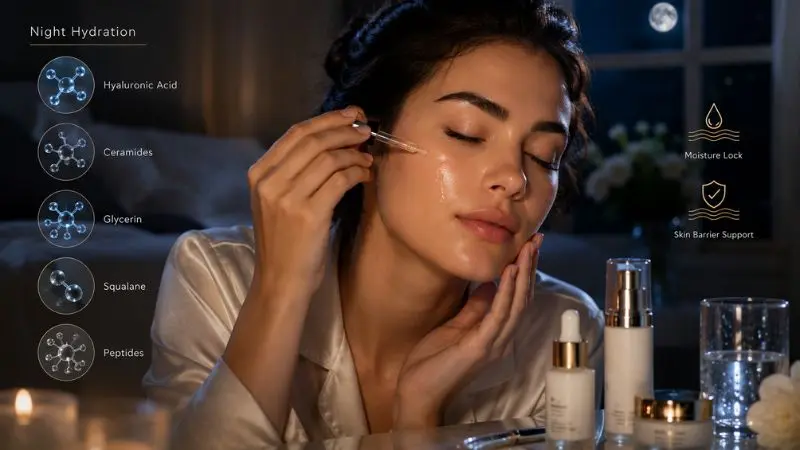 Night hydration skincare routine showing moisturizer, serum, and ingredients supporting glowing skin overnight