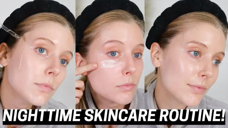 Night anti aging skincare routine including makeup removal, cleansing, natural oil or night cream, and gentle massage for youthful glowing skin
