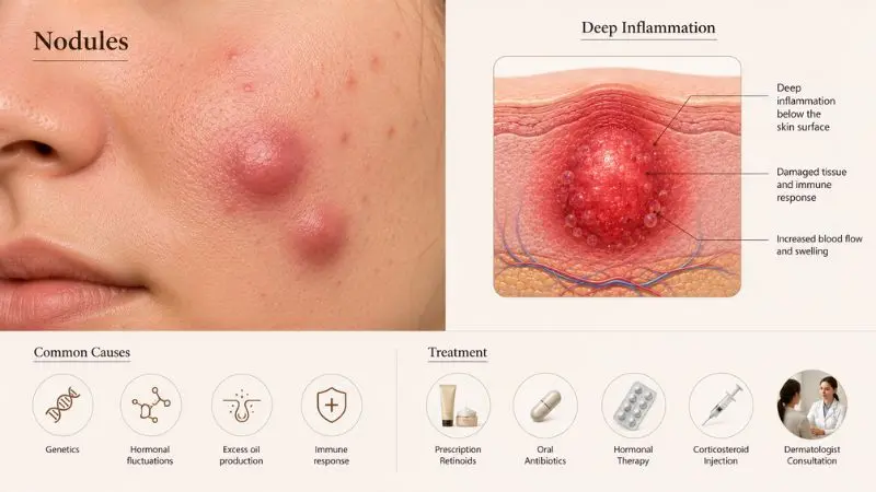 Types of Acne and How to Treat Them infographic showing deep nodular acne, skin inflammation, common causes, and dermatologist-recommended treatment options.