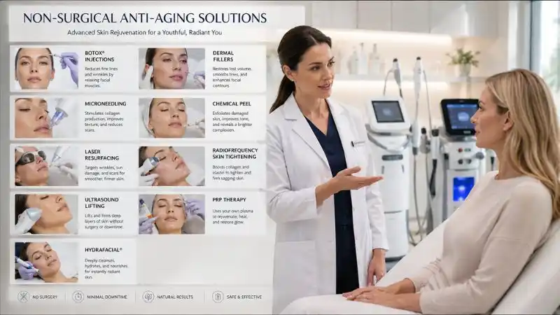 List of popular non-surgical anti-aging procedures including Botox, dermal fillers, microneedling, chemical peels, laser resurfacing, radiofrequency, ultrasound tightening, PRP therapy, and Hydrafacial.