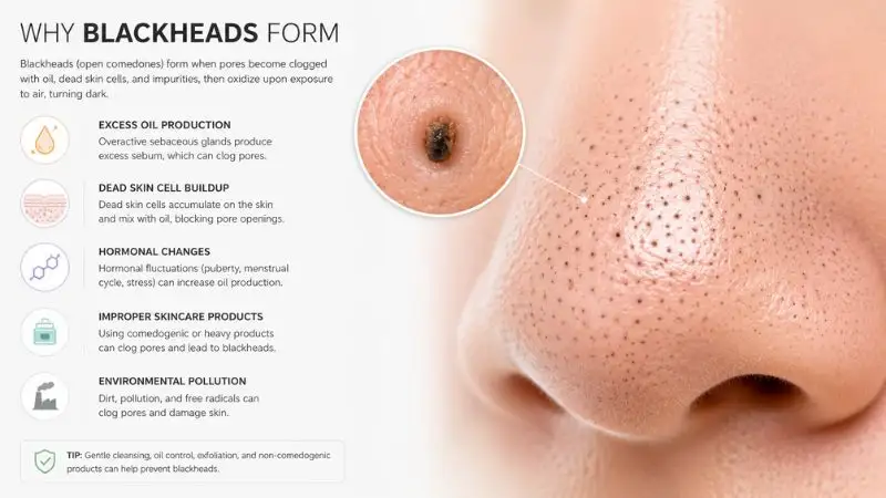 Illustration of nose skin showing blackheads forming due to excess oil, clogged pores, dead skin cells, hormones, and pollution effects