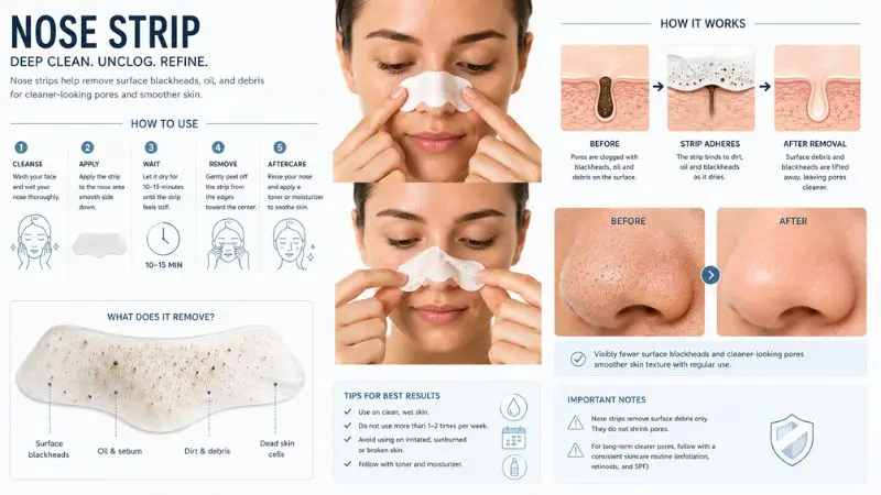 Person using a nose strip to remove surface blackheads and excess debris from pores on the nose for clearer-looking skin