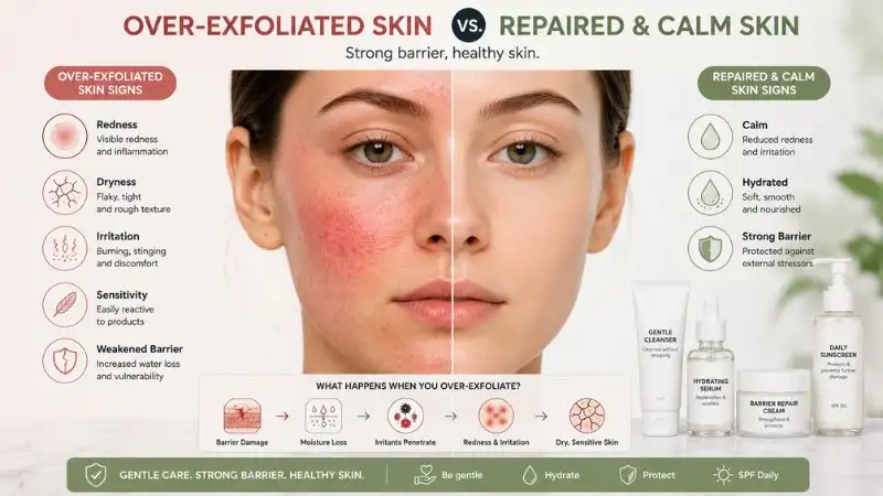 Over exfoliated skin recovery with gentle barrier repair skincare