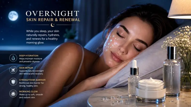 Overnight skincare routine showing skin repair, hydration, and natural glowing skin recovery during sleep