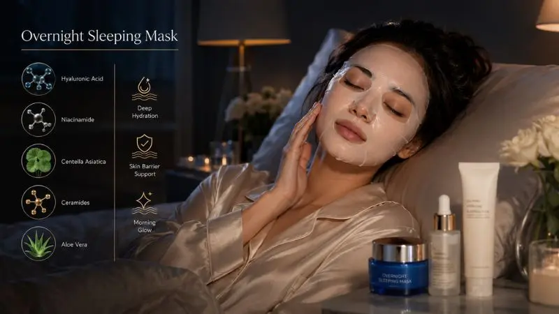 Overnight sleeping mask routine showing hydration, skin barrier support, and glowing skin benefits