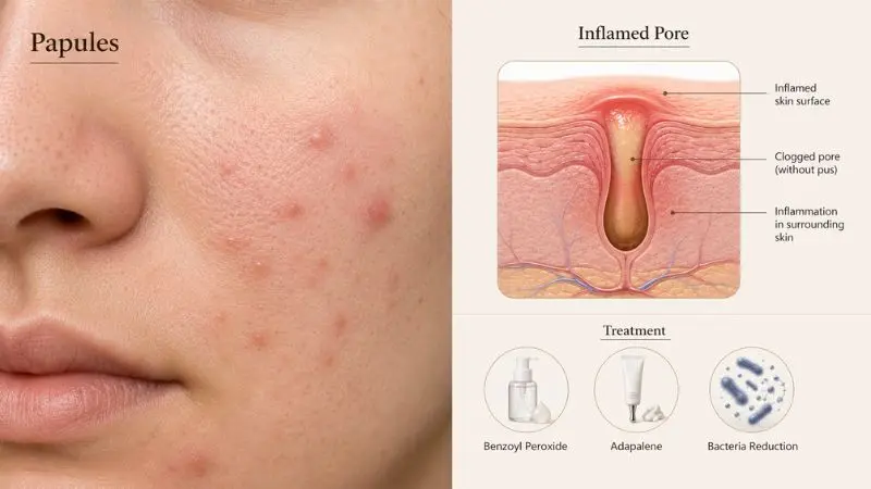 Types of Acne and How to Treat Them infographic showing papules, inflamed clogged pores, and dermatologist-recommended treatment with benzoyl peroxide and adapalene.