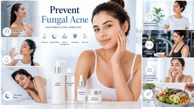 Woman practicing healthy lifestyle habits to help prevent fungal acne, including hydration, exercise hygiene, sleep, and lightweight skincare.