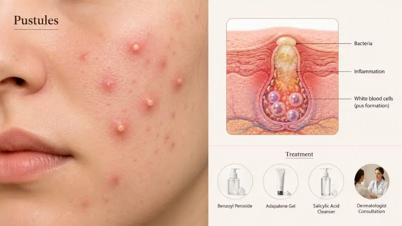 Types of Acne and How to Treat Them infographic showing inflamed pustules, bacteria inside clogged pores, and effective treatments including benzoyl peroxide, adapalene, and salicylic acid.