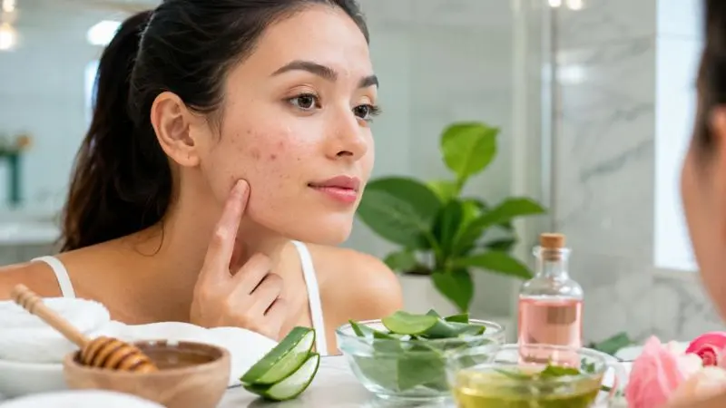 Woman with clear glowing skin using natural remedies to reduce red pimples and acne marks naturally.