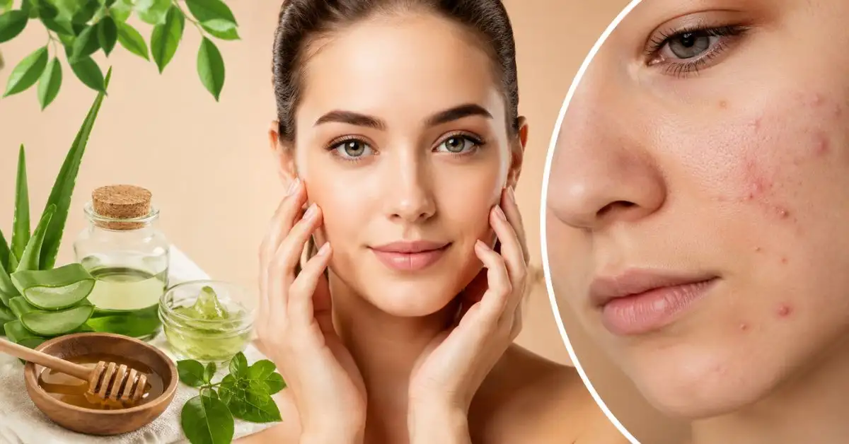 Woman with clear skin surrounded by natural acne remedies including aloe vera and honey, showing treatment for red pimples and acne marks naturally.