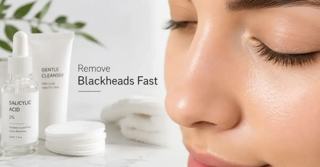 Close-up skincare image showing smooth nose skin with reduced blackheads and clean pores with skincare products