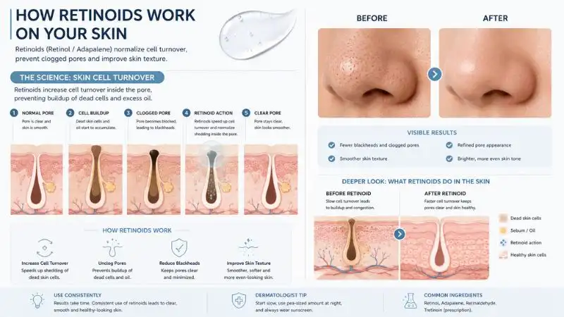 Skincare illustration showing retinoid treatment working on skin cells to increase cell turnover and prevent clogged pores and blackheads on nose