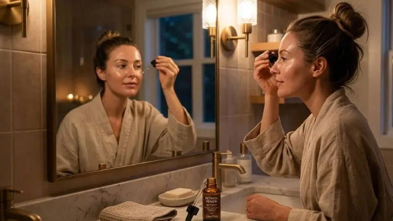 Woman applying retinol serum at night to support collagen production, reduce fine lines, and improve skin renewal.