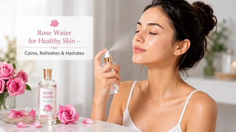 Woman using rose water facial mist to calm redness, refresh skin, and support natural hydration in a skincare routine.