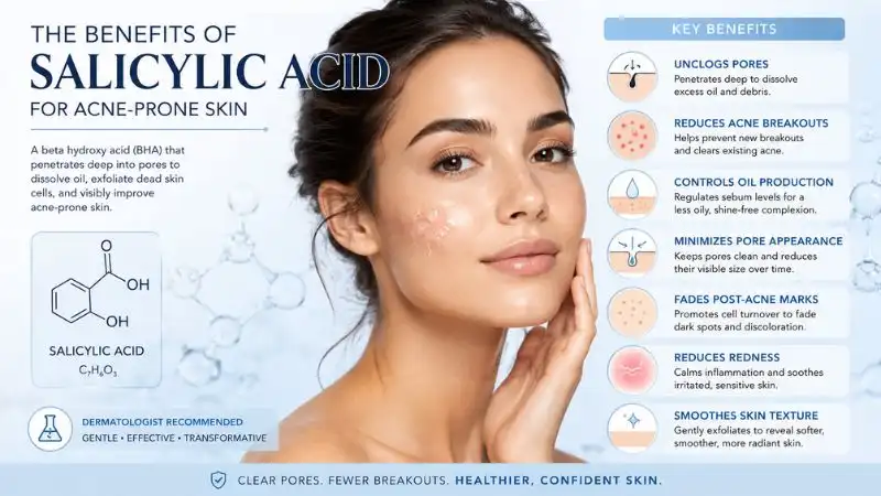 Salicylic acid helping acne-prone skin by unclogging pores, reducing breakouts, controlling excess oil, and improving skin texture.