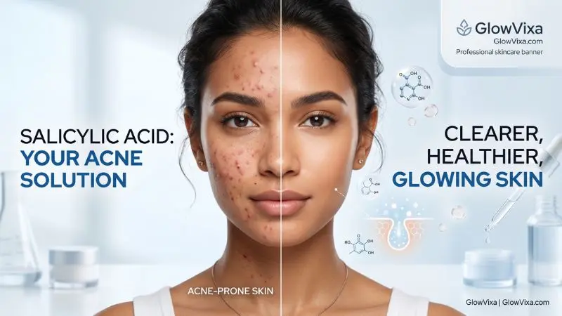 Close-up view of acne-prone skin improving with salicylic acid treatment, showing clearer pores and reduced breakouts.