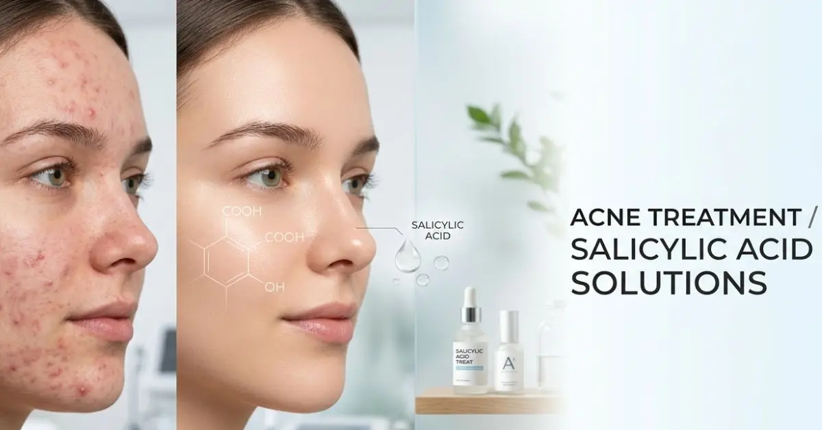 Salicylic acid skincare treatment for acne-prone skin showing clearer complexion, reduced breakouts, unclogged pores, and healthy glowing skin.