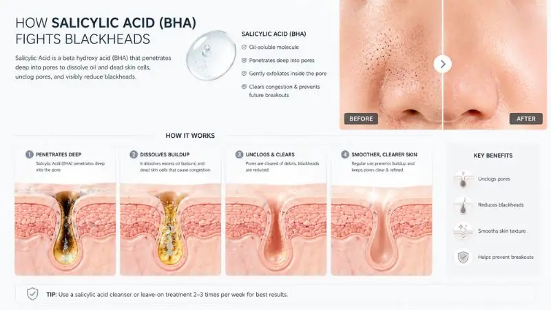 Close-up skincare illustration showing salicylic acid working inside clogged pores to remove excess oil and blackheads on nose skin