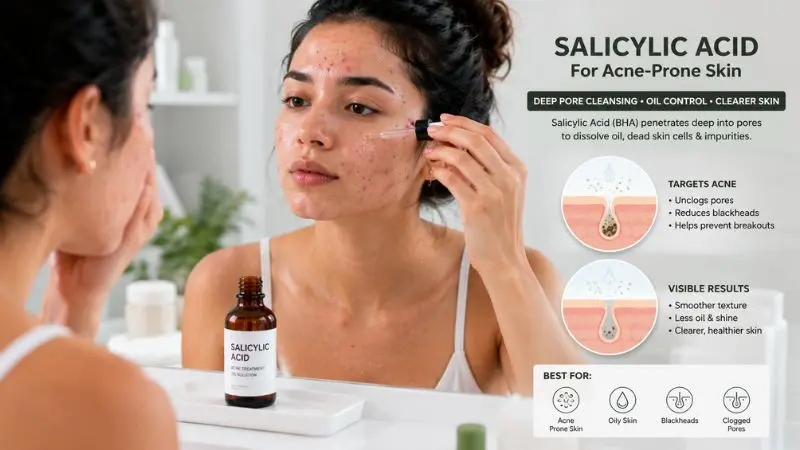 Young woman with acne-prone and oily skin applying a salicylic acid treatment to help clear clogged pores, blackheads, and whiteheads.
