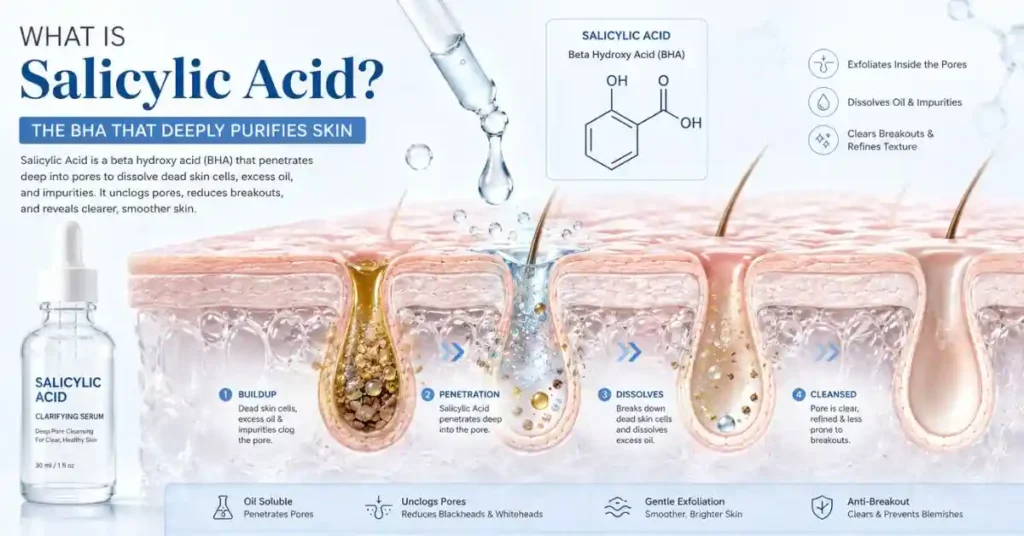 Salicylic acid penetrating deep into skin pores to remove excess oil, dead skin cells, and acne-causing impurities.