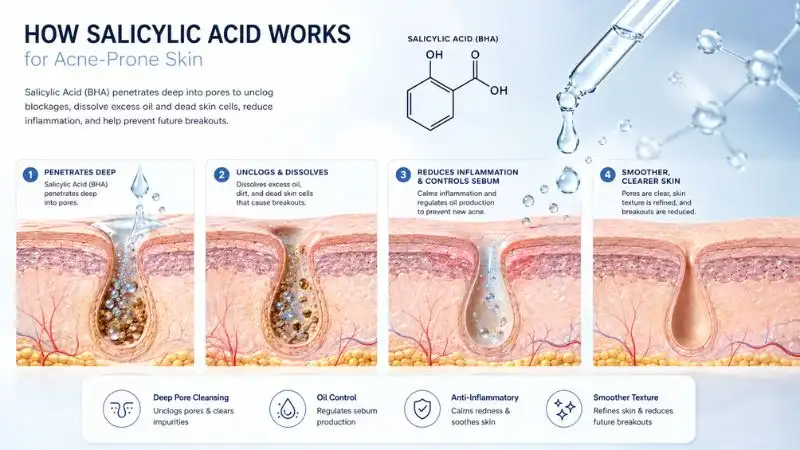 Skin cross-section showing salicylic acid cleansing deep pores, controlling excess oil, reducing inflammation, and exfoliating dead skin cells.