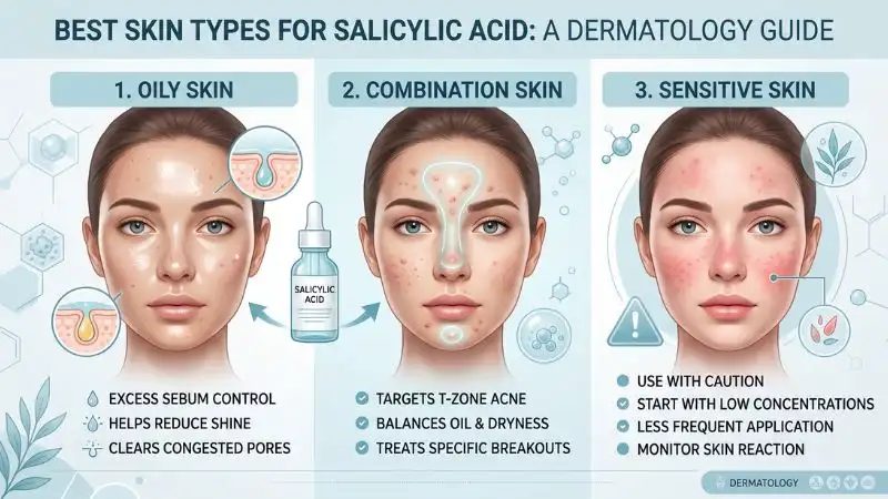 Skincare guide showing best skin types for salicylic acid including oily, combination, and sensitive skin with acne-prone areas highlighted.