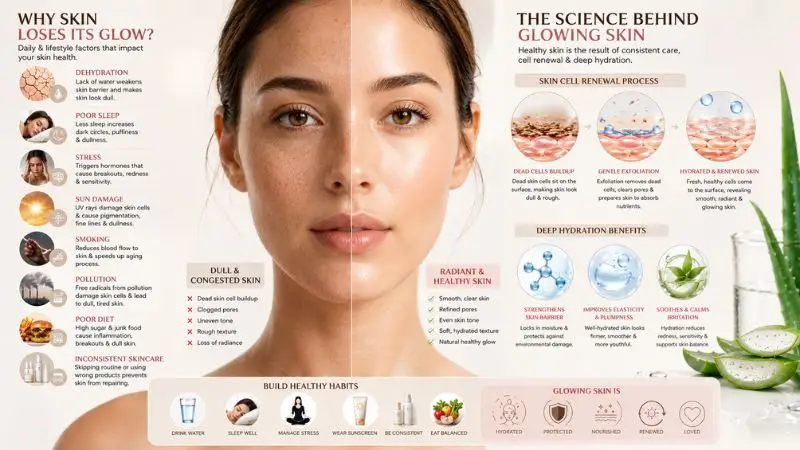 Science behind glowing skin showing skin renewal process, hydration, exfoliation, and factors affecting healthy radiant skin