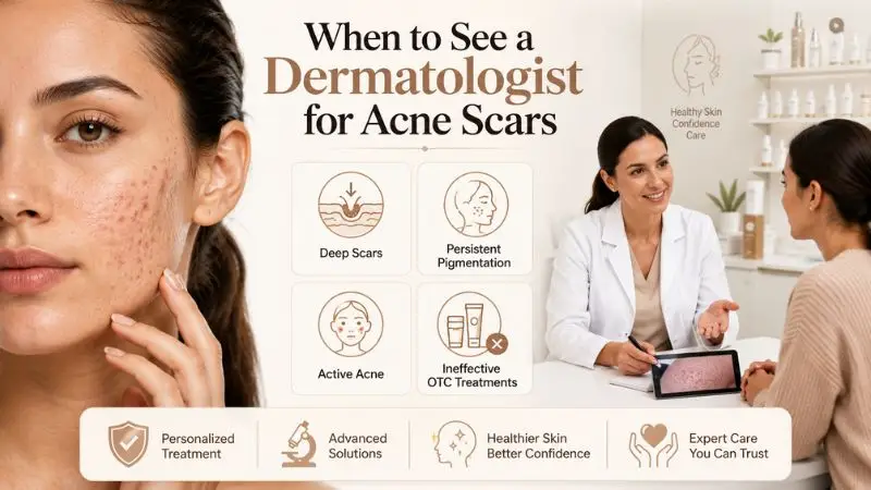 When to see a dermatologist for acne scars including deep scars, persistent hyperpigmentation, active acne, and cases where over-the-counter treatments are not effective
