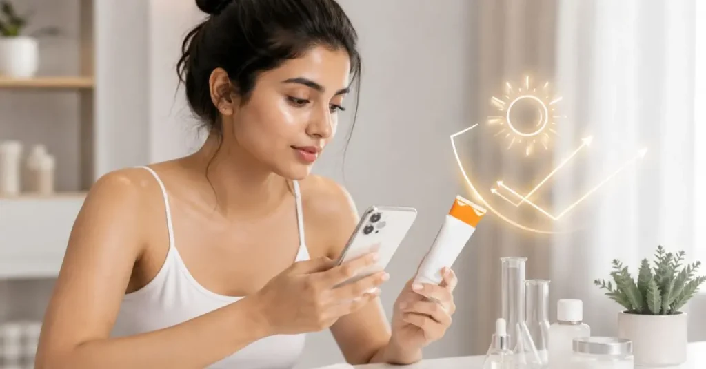 Young woman comparing sunscreen recommendations on social media with a dermatologist-approved sunscreen while learning should you trust sunscreen advice on social media.