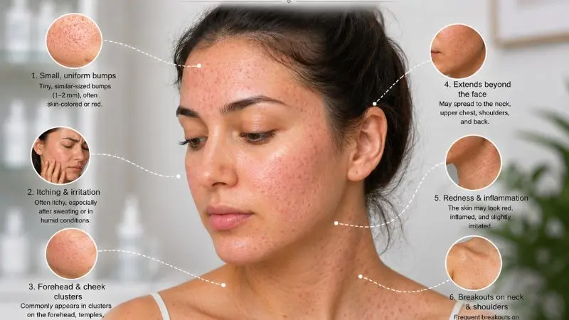 Woman showing common signs of fungal acne with tiny uniform bumps, mild redness, and forehead breakouts associated with Malassezia folliculitis.