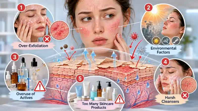 Infographic showing common causes of skin barrier damage including over exfoliation, harsh cleansers, active ingredients, and environmental factors