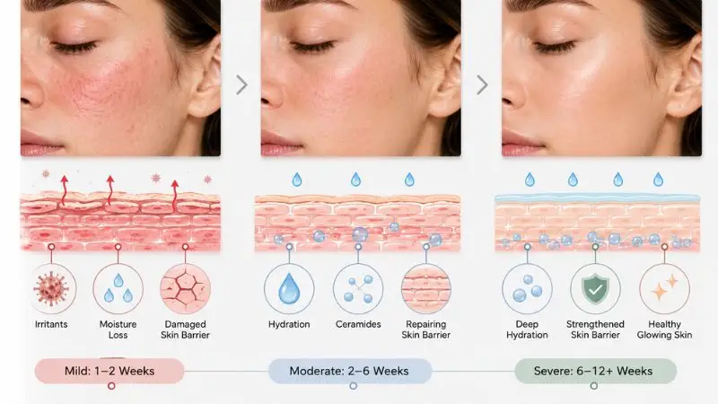 Skin barrier repair timeline showing mild, moderate, and severe damage recovery periods with healthy skin progression.